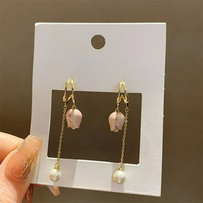 Pink tulip fringe long pearl earrings - Tulip earrings -