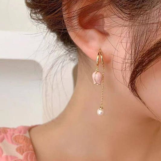 Pink tulip fringe long pearl earrings - Tulip earrings -