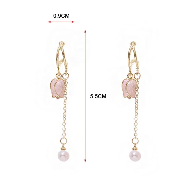 Pink tulip fringe long pearl earrings - Tulip earrings -