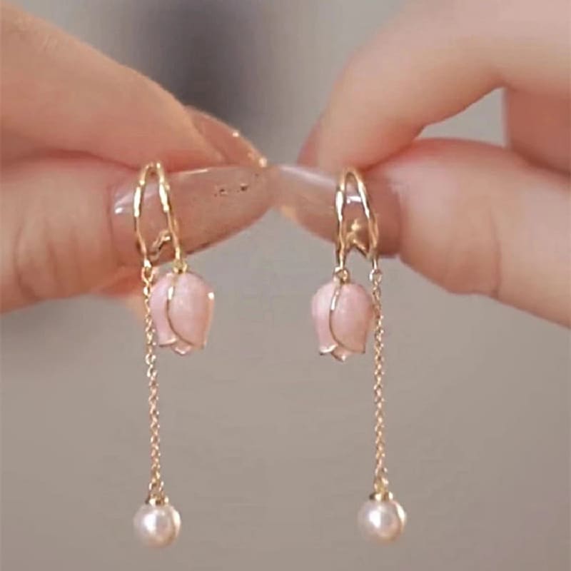 Pink tulip fringe long pearl earrings - Tulip earrings -
