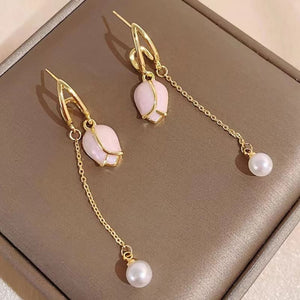 Pink tulip fringe long pearl earrings - Tulip earrings -