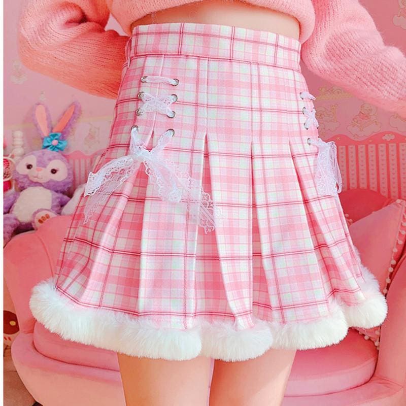 Pink White Girl Cute Frenum Plaid Pleated Skirt MK15582 - KawaiiMoriStore