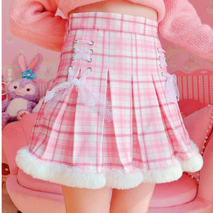 Pink White Girl Cute Frenum Plaid Pleated Skirt MK15582 - KawaiiMoriStore