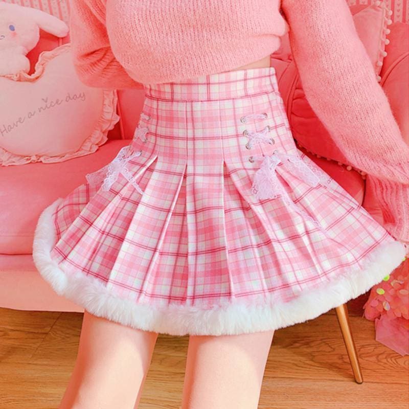 Pink White Girl Cute Frenum Plaid Pleated Skirt MK15582 - KawaiiMoriStore