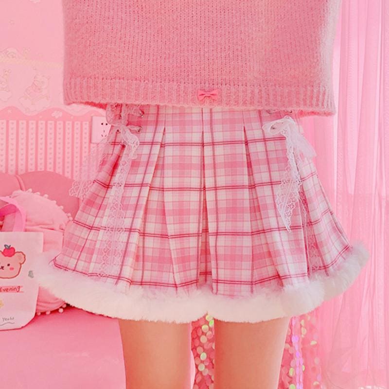 Pink White Girl Cute Frenum Plaid Pleated Skirt MK15582 - KawaiiMoriStore