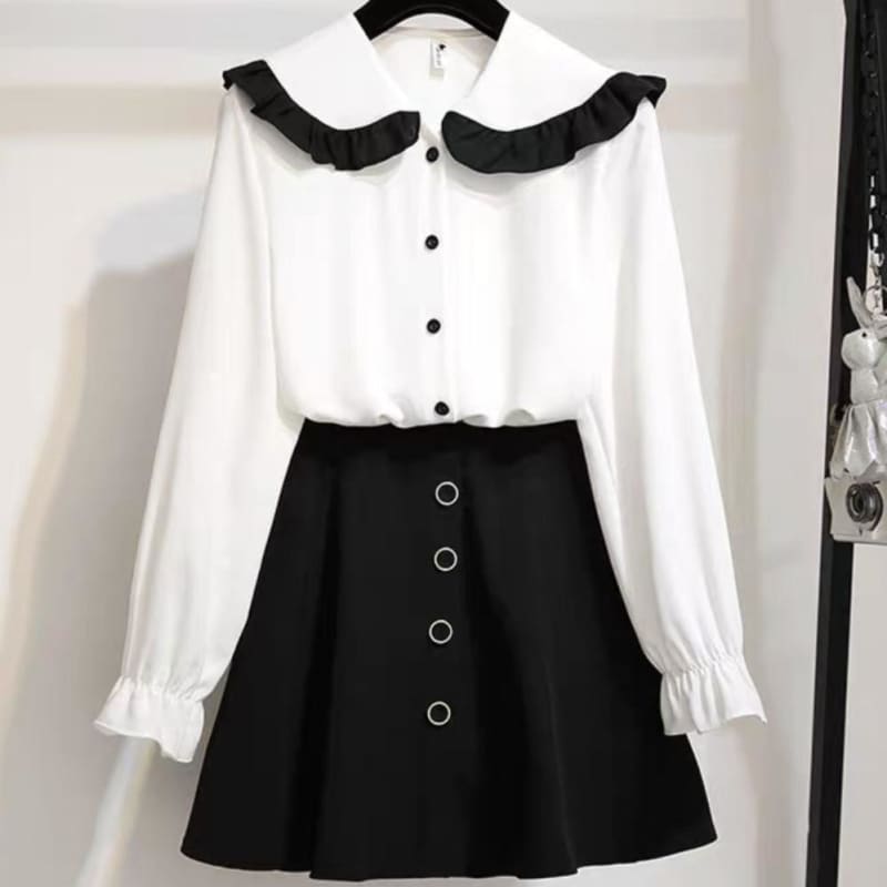 Pink/Black Sweet Casual Cute Outfit 2 Piece Shirt Skirt Set MK16003 - KawaiiMoriStore