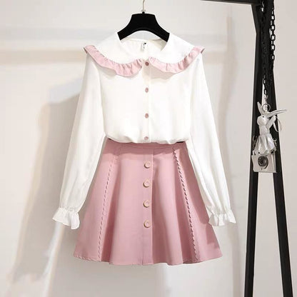 Pink/Black Sweet Casual Cute Outfit 2 Piece Shirt Skirt Set MK16003 - KawaiiMoriStore