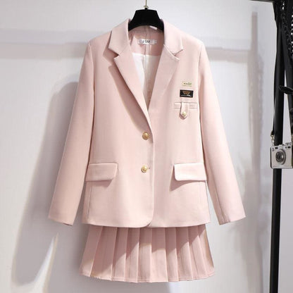 Pink/Gray/Apricot Pastel Uniform Plated Skirt Jacket White Blouse Black Tie Set MK15996 - KawaiiMoriStore