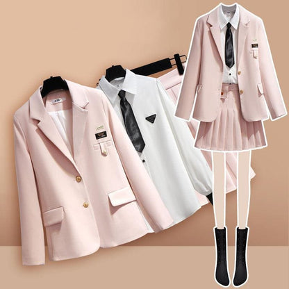 Pink/Gray/Apricot Pastel Uniform Plated Skirt Jacket White Blouse Black Tie Set MK15996 - KawaiiMoriStore