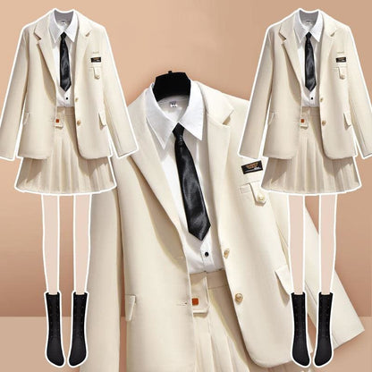 Pink/Gray/Apricot Pastel Uniform Plated Skirt Jacket White Blouse Black Tie Set MK15996 - KawaiiMoriStore