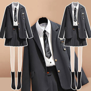 Pink/Gray/Apricot Pastel Uniform Plated Skirt Jacket White Blouse Black Tie Set MK15996 - KawaiiMoriStore