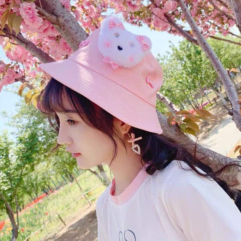 Pink/White Cute Bear Bucket Hat MM1257 - KawaiiMoriStore