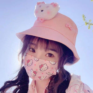 Pink/White Cute Bear Bucket Hat MM1257 - KawaiiMoriStore