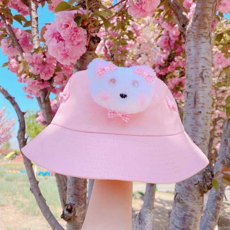 Pink/White Cute Bear Bucket Hat MM1257 - KawaiiMoriStore