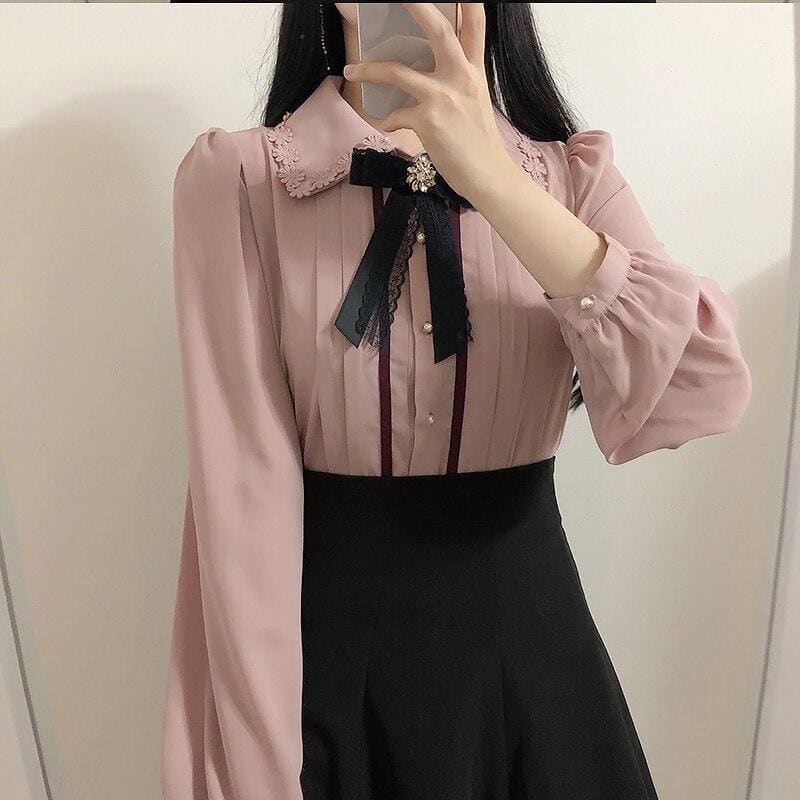 Pink/White Preppy Style Vintage Cute Button Blouse MK15776 - KawaiiMoriStore