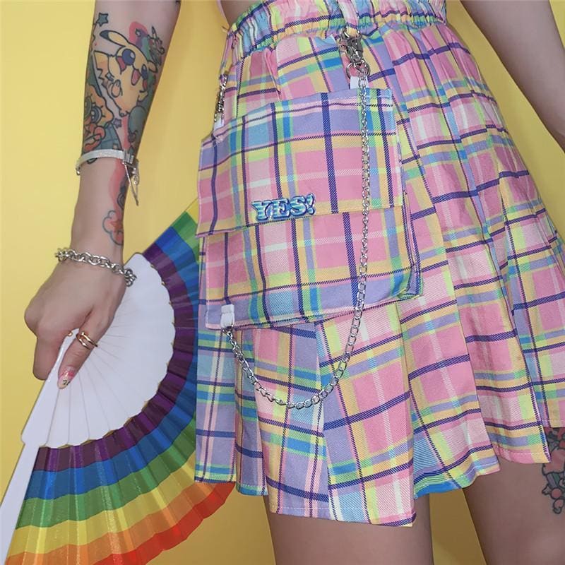 Plaid Chain Pocket High Waist Pleated Short Skirt MK14967 - KawaiiMoriStore