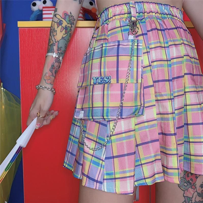 Plaid Chain Pocket High Waist Pleated Short Skirt MK14967 - KawaiiMoriStore
