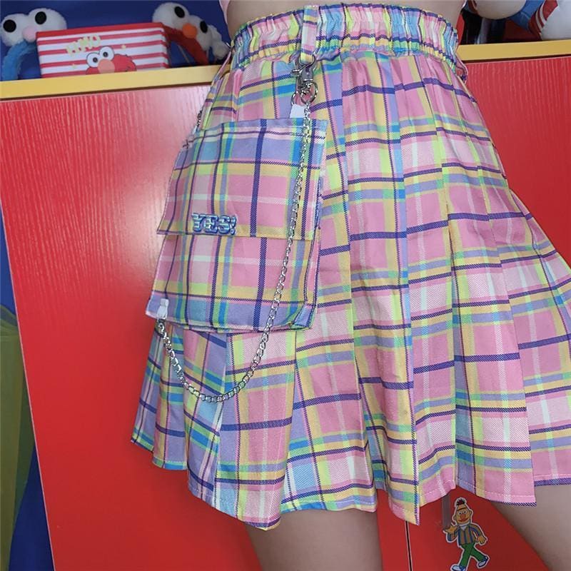 Plaid Chain Pocket High Waist Pleated Short Skirt MK14967 - KawaiiMoriStore