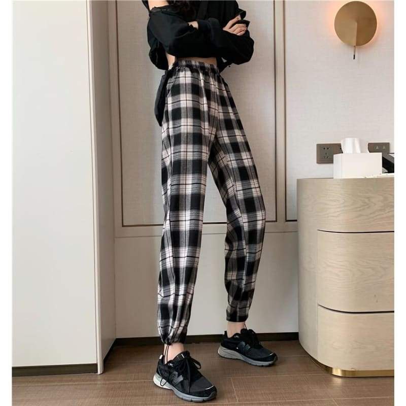 Plaid Check Elastic Waist Harem Pants - pants