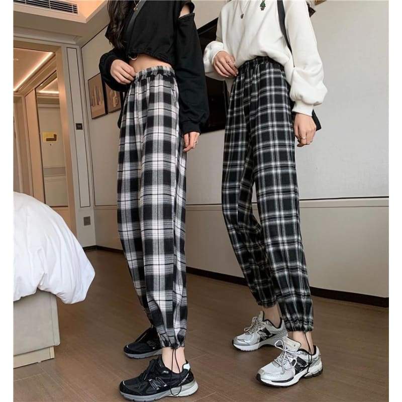 Plaid Check Elastic Waist Harem Pants - pants