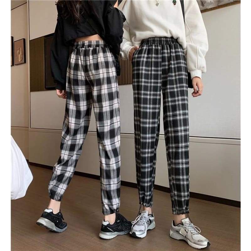 Plaid Check Elastic Waist Harem Pants - pants