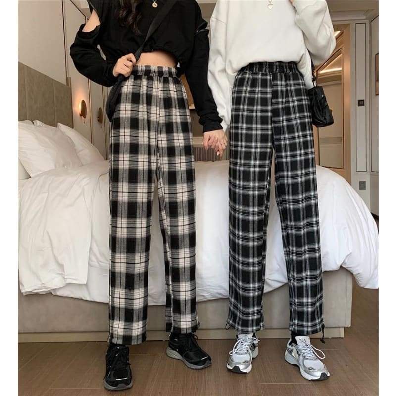 Plaid Check Elastic Waist Harem Pants - pants