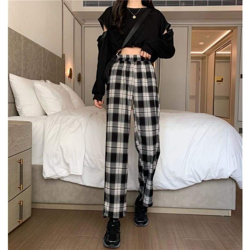 Plaid Check Elastic Waist Harem Pants - pants