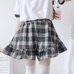 Plaid Kawaii Lolita Mini Ruffle Skirt with Shorts - Plaid 