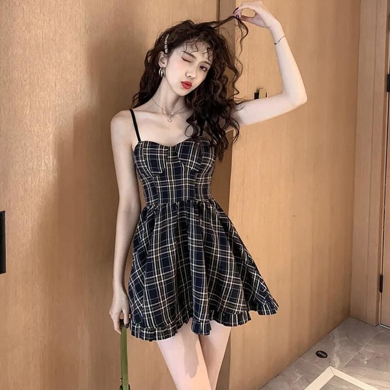 Plaid Pleated Strap Mini Dress