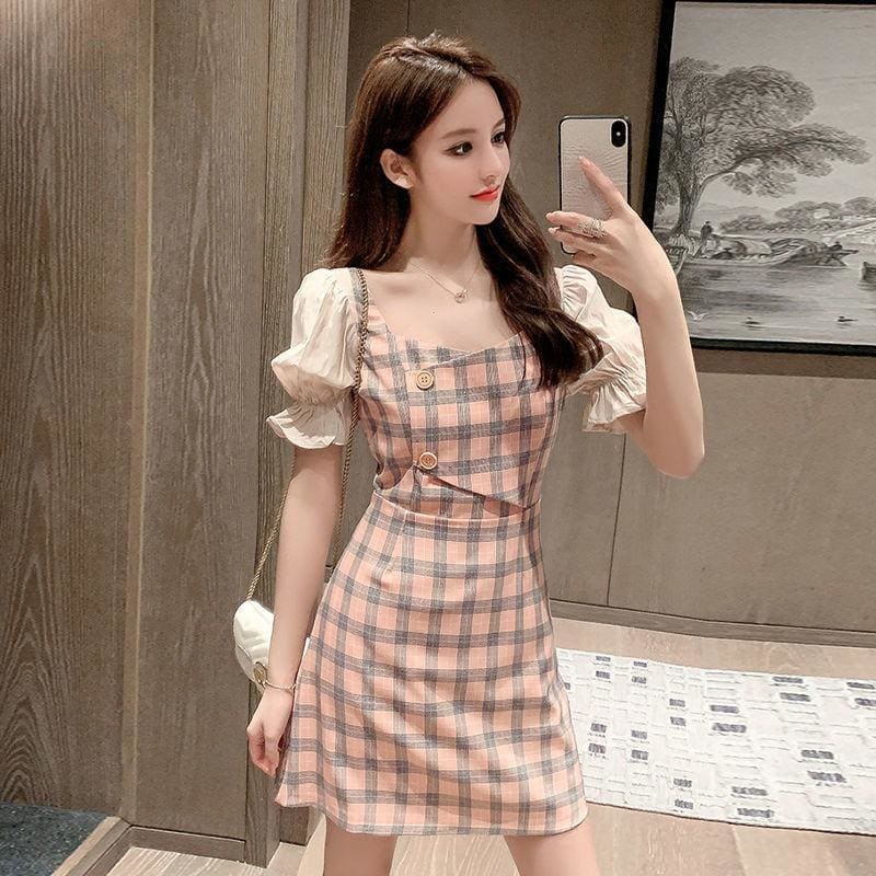 Plaid Square Collar Waist Mini Dress