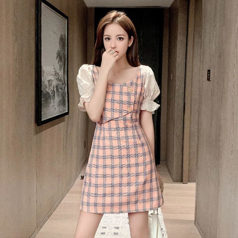 Plaid Square Collar Waist Mini Dress