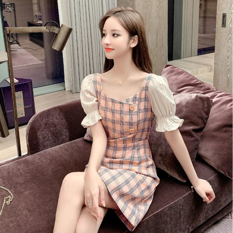 Plaid Square Collar Waist Mini Dress