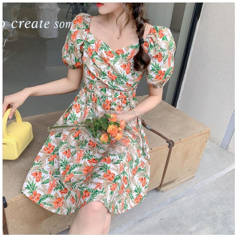 Pleated Floral V-Neck Mini Dress