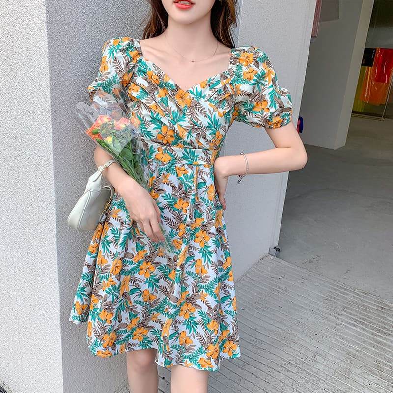 Pleated Floral V-Neck Mini Dress