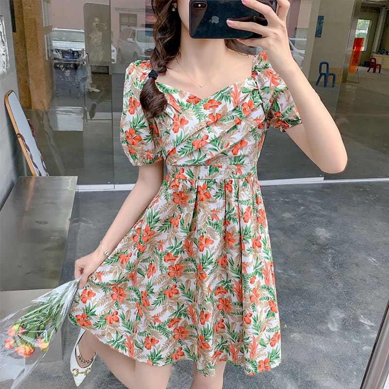 Pleated Floral V-Neck Mini Dress