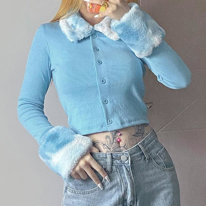 Plush Lapel Button Knitted Crop Sweatshirt MK15531 - KawaiiMoriStore