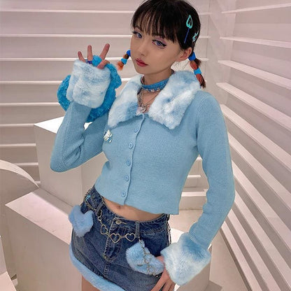 Plush Lapel Button Knitted Crop Sweatshirt MK15531 - KawaiiMoriStore