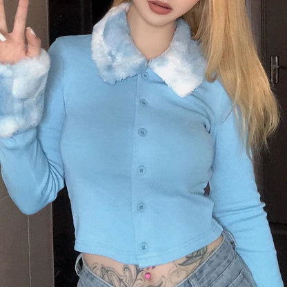 Plush Lapel Button Knitted Crop Sweatshirt MK15531 - KawaiiMoriStore