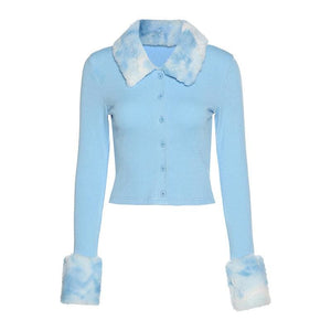 Plush Lapel Button Knitted Crop Sweatshirt MK15531 - KawaiiMoriStore