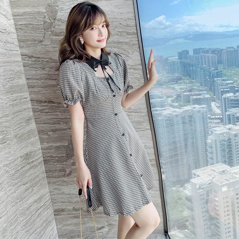 Polo Collar Cutout Lattice Mini Dress