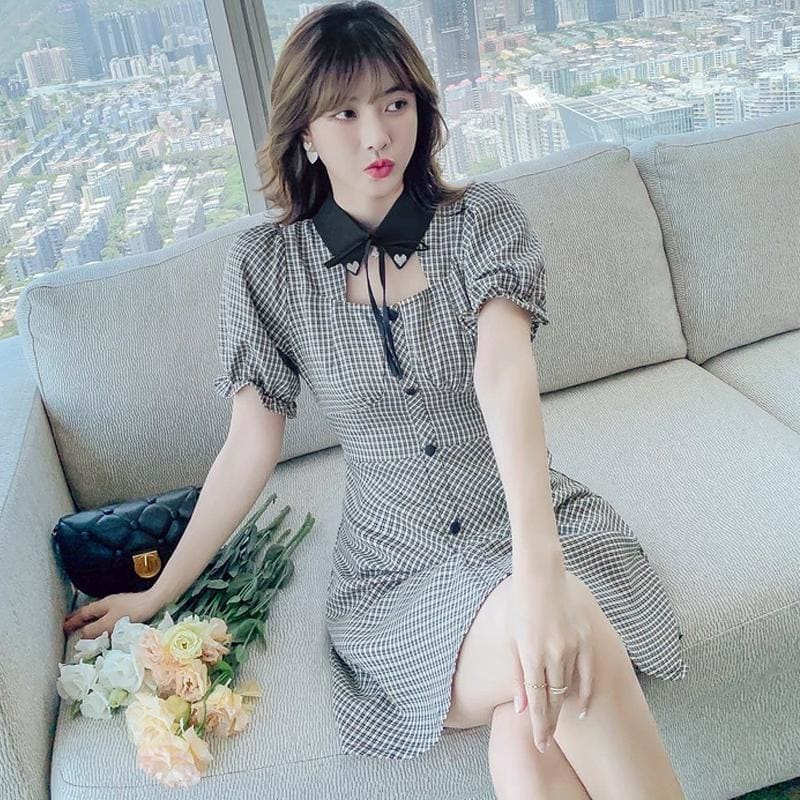 Polo Collar Cutout Lattice Mini Dress