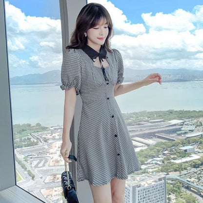 Polo Collar Cutout Lattice Mini Dress