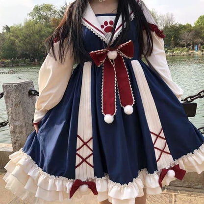 Preppy Cat Paw Lolita Dress MK15436 - KawaiiMoriStore