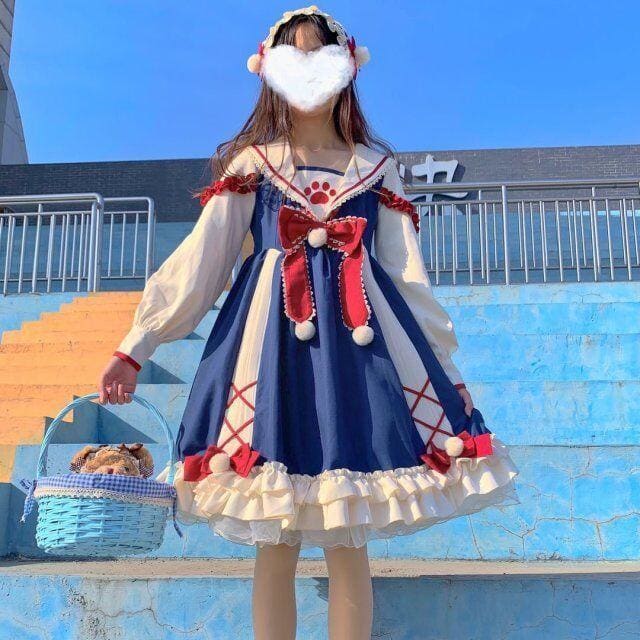 Preppy Cat Paw Lolita Dress MK15436 - KawaiiMoriStore