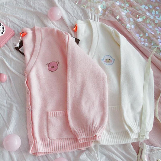 Preppy Girl V-neck Cute Animal Embroidery Knitted Cardigan Sweater MK15507 - KawaiiMoriStore