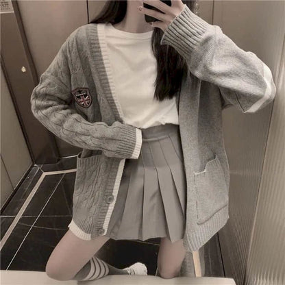 Preppy Style Cardigan Sweater+Long Sleeve T-shirt+Gray Pleated Skirt Suits MK15870 - KawaiiMoriStore