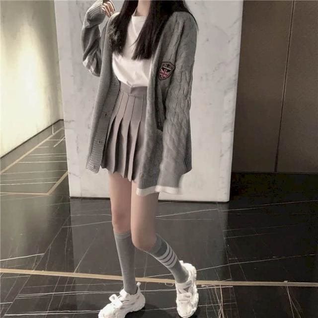 Preppy Style Cardigan Sweater+Long Sleeve T-shirt+Gray Pleated Skirt Suits MK15870 - KawaiiMoriStore