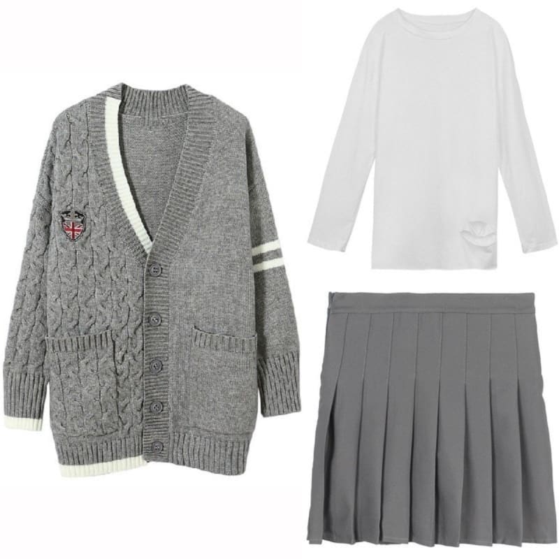 Preppy Style Cardigan Sweater+Long Sleeve T-shirt+Gray Pleated Skirt Suits MK15870 - KawaiiMoriStore