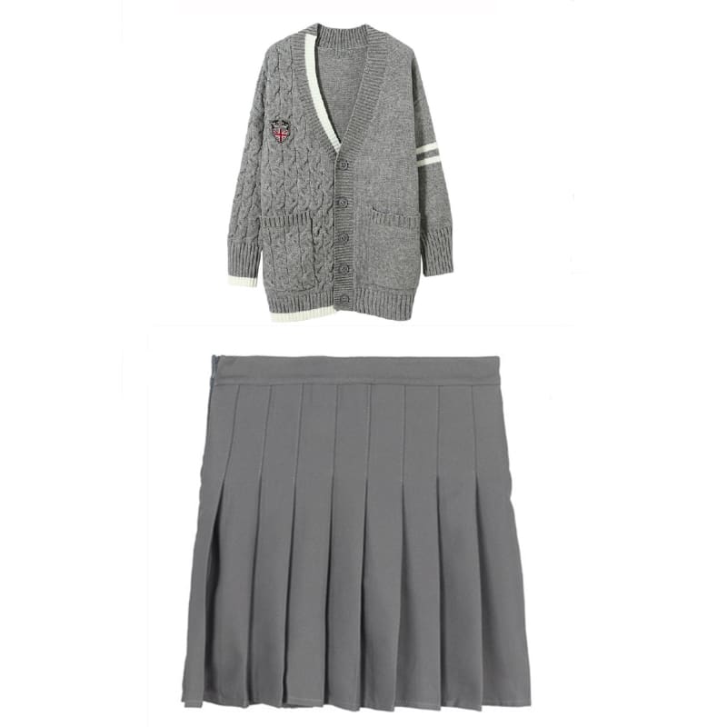Preppy Style Cardigan Sweater+Long Sleeve T-shirt+Gray Pleated Skirt Suits MK15870 - KawaiiMoriStore