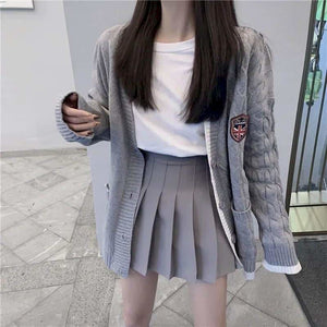 Preppy Style Cardigan Sweater+Long Sleeve T-shirt+Gray Pleated Skirt Suits MK15870 - KawaiiMoriStore
